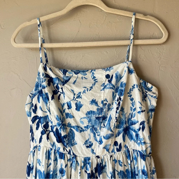 H&M linen blend midi dress sundress floral square neck spaghetti strap classic - Picture 14 of 15